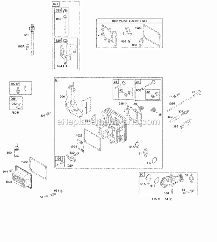 Cylinder Head Gasket Set-Valve Intake Manifold Lubrication Valves Diagram and Parts List for  Briggs and Stratton Engine